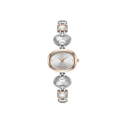 Rose gold and silver watch with crystal accents on a white background