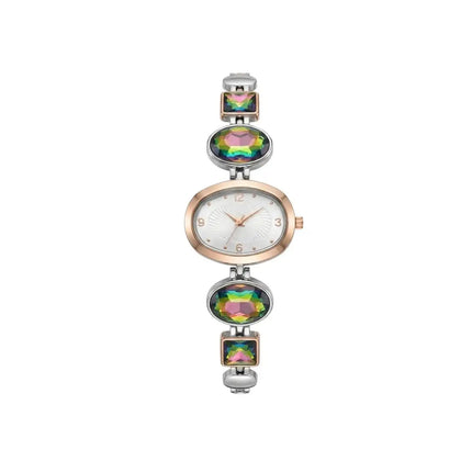 Multicolored watch with floral designs on a white background