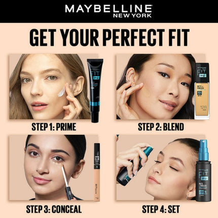 Maybelline New York makeup tutorial steps on a beige background