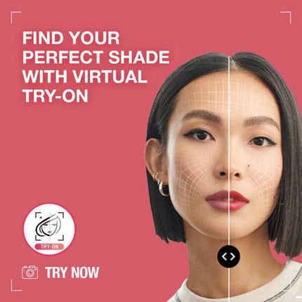 Advertisement for virtual lipstick try-on with a woman's face on a pink background