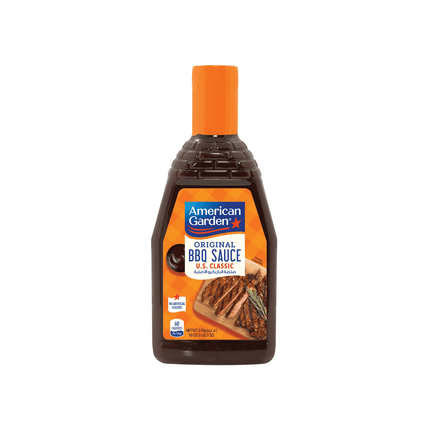 Bottle of American Garden Original BBQ Sauce on a white background