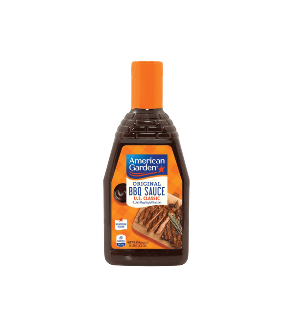 Bottle of American Garden Original BBQ Sauce on a white background