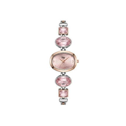 Pink wristwatch with gemstone-like accents on a white background