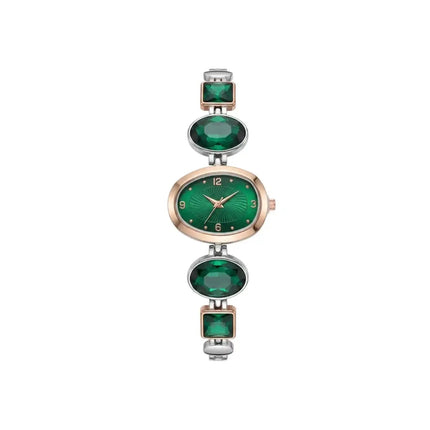 Green and rose gold watch on a white background