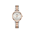 Two-tone watch with silver and rose gold accents on a white background