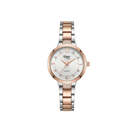 Two-tone watch with silver and rose gold accents on a white background
