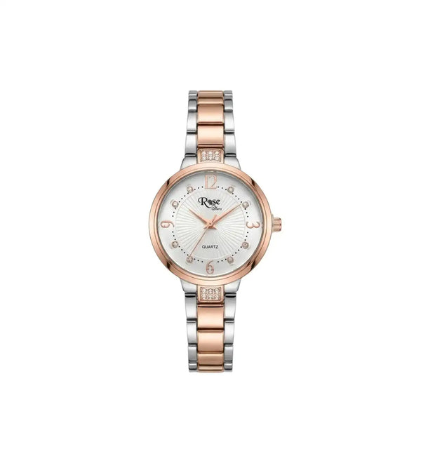 Two-tone watch with silver and rose gold accents on a white background