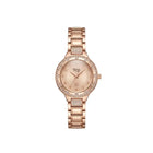 Rose gold watch with diamond-studded bezel on a white background