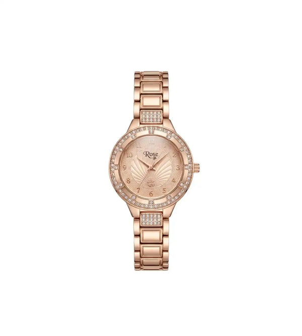 Rose gold watch with diamond-studded bezel on a white background