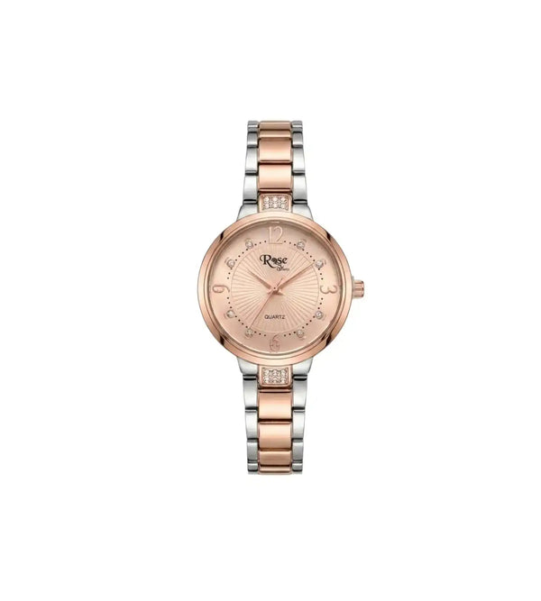 Rose gold and silver watch on a white background