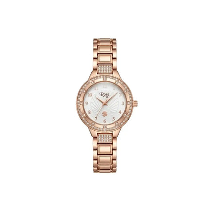 Rose gold watch with a white face on a white background