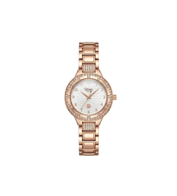 Rose gold watch with a white face on a white background