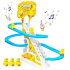 Toy track set with small duck figures and musical notes on a white background