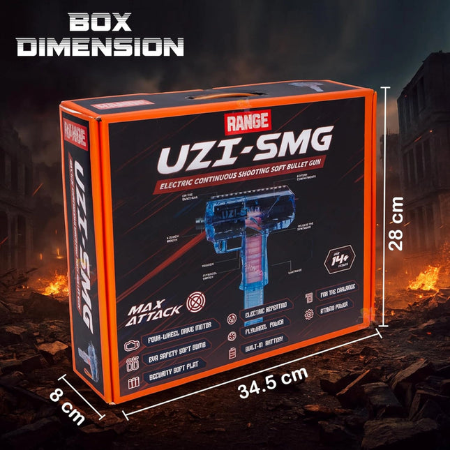 Box of a UZI-SMG electric continuous shooting soft bullet gun with dimensions on a dark background.