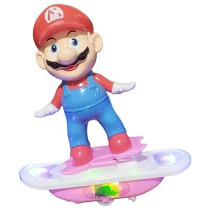 Toy figure of a character on a hoverboard with colorful lights on a white background