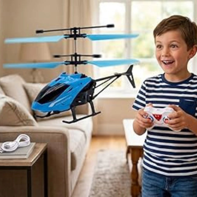 Child playing with a toy helicopter in a living room