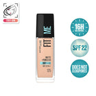 Maybelline Fit Me foundation bottle with product features on a white background