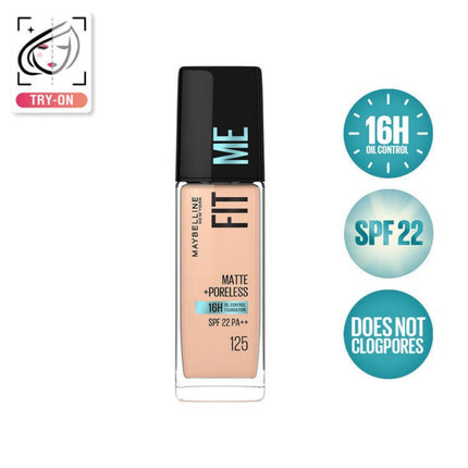 Maybelline Fit Me foundation bottle with product features on a white background