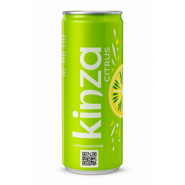 Green can of kinza citrus carbonated drink on a white background