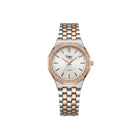 Two-tone watch with rose gold and silver band on a white background