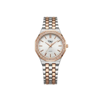 Two-tone watch with rose gold and silver band on a white background