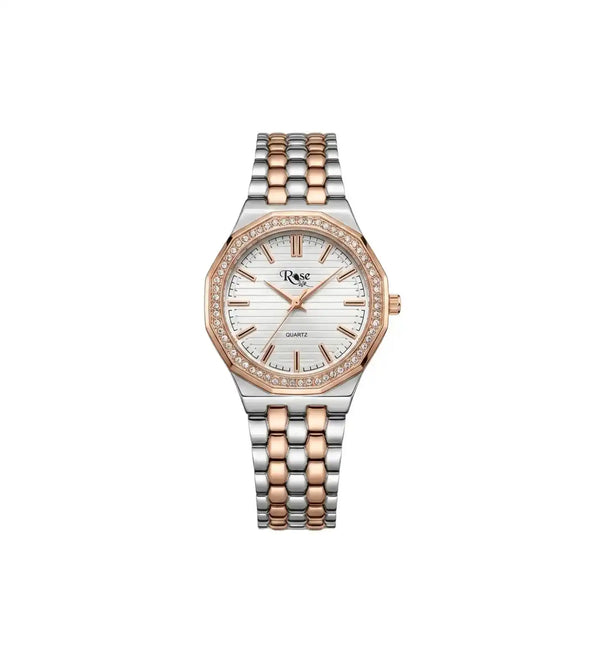 Two-tone watch with rose gold and silver band on a white background