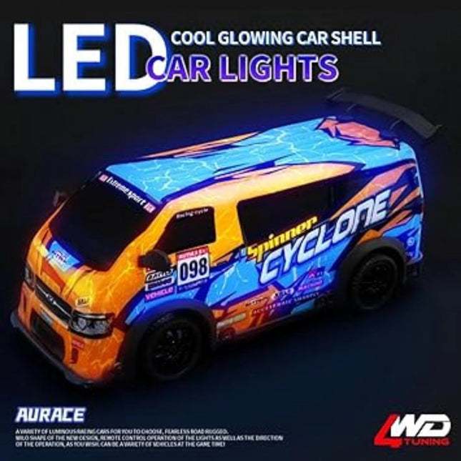 Colorful car with LED glowing car shell lights on a dark background