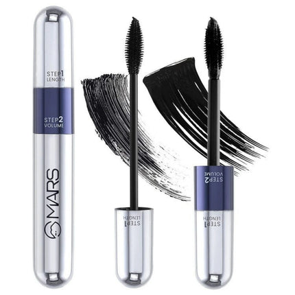 Mars mascara with application brush and product packaging on a white background