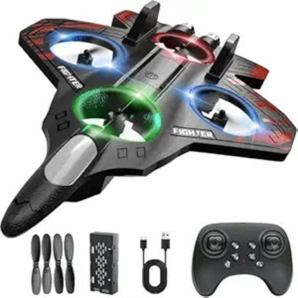 Black and red drone with LED lights, remote control, and accessories on a white background