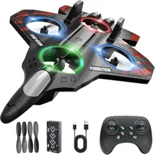 Black and red drone with LED lights, remote control, and accessories on a white background