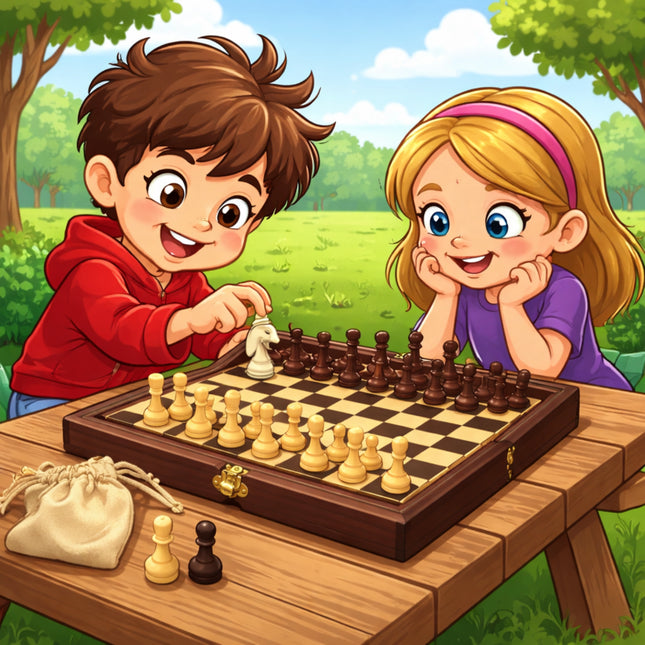 Two children playing chess outdoors with a scenic background