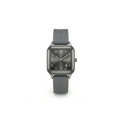 Gray wristwatch with a square face on a white background