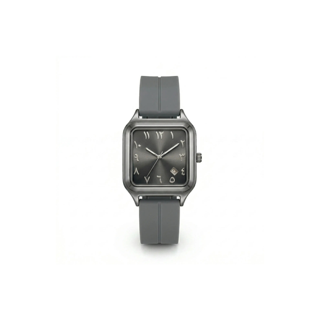 Gray wristwatch with a square face on a white background