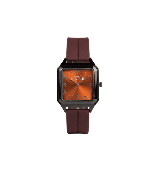 Watch with brown strap and orange face on a white background