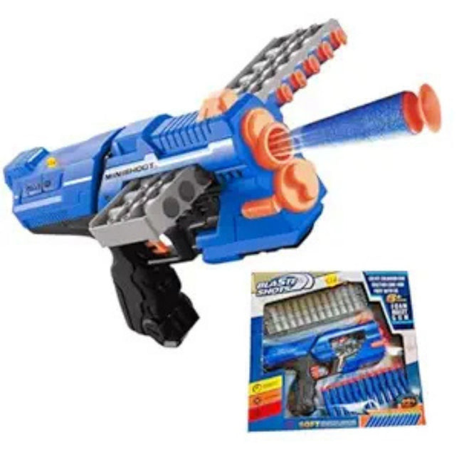 Toy blaster with additional attachments and packaging on a white background