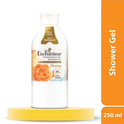 Enchanteur shower gel bottle with orange rose design on a white background