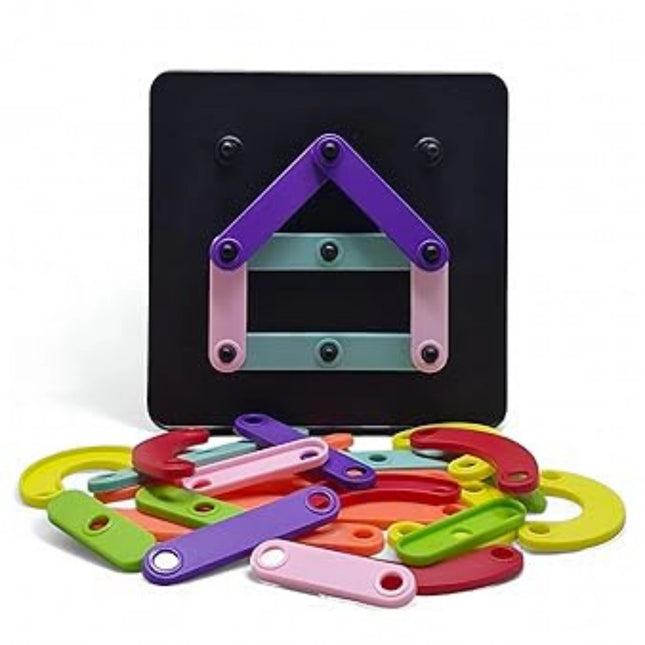 Colorful magnetic building toy set on a white background