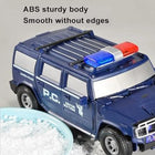 Toy police car with blue and red lights on a gray background