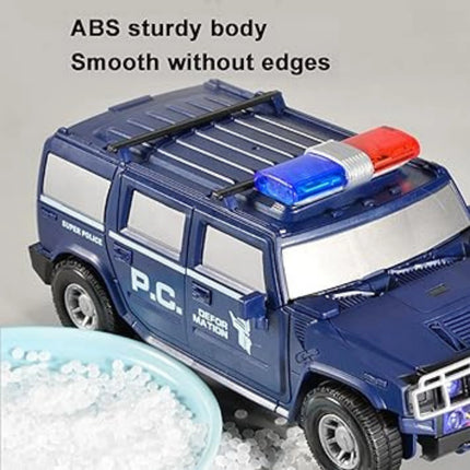 Toy police car with blue and red lights on a gray background