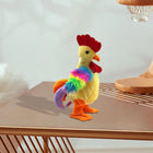 Colorful rooster plush toy on a wooden surface with a neutral background