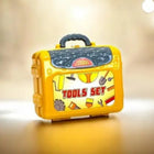Toy tool set in a yellow case with tool graphics on a beige background