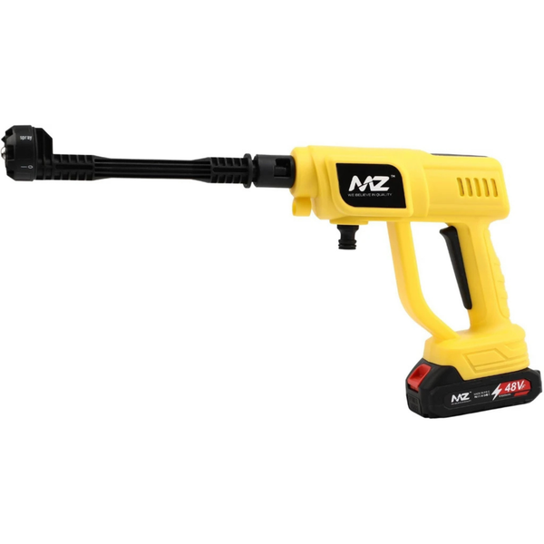 Yellow pressure washer with black nozzle on a white background