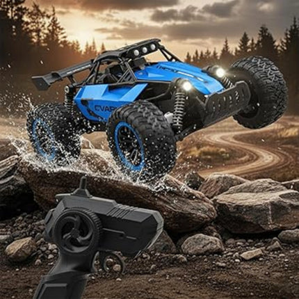 Blue off-road RC car in action on a rocky terrain with a controller in the foreground.
