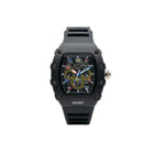 Black sport watch with detailed face on a white background