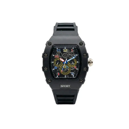 Black sport watch with detailed face on a white background