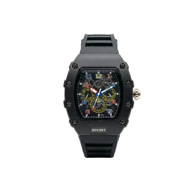 Black sport watch with detailed face on a white background