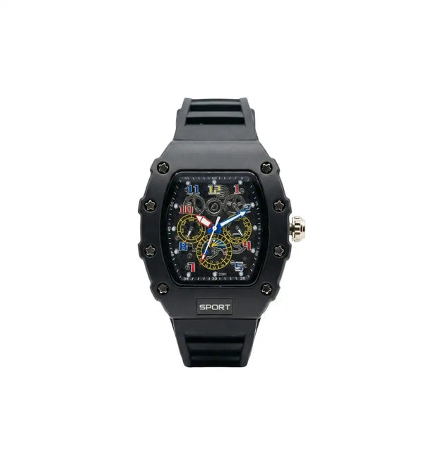 Black sport watch with detailed face on a white background