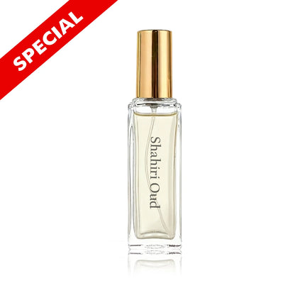 Shahiri Oud perfume bottle with gold cap on a white background