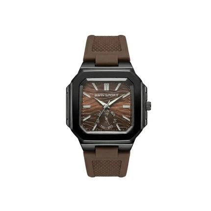 Watch with brown strap and wooden dial on a white background