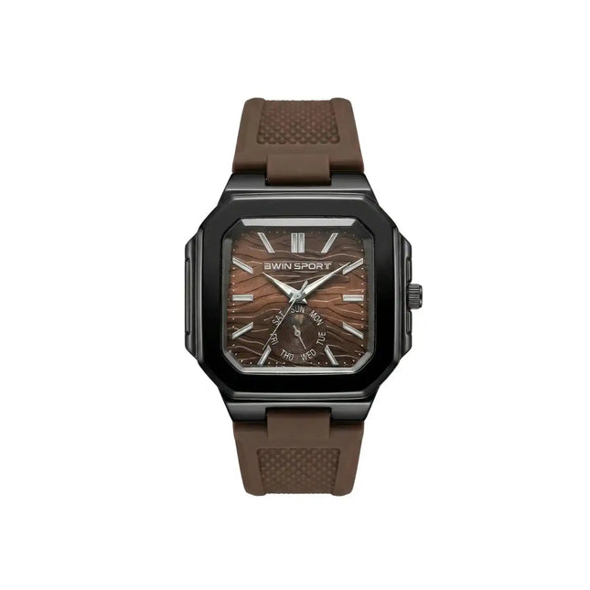 Watch with brown strap and wooden dial on a white background